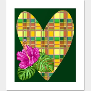 Caribbean Heart and Hibiscus Madras Tartan Fabric Posters and Art